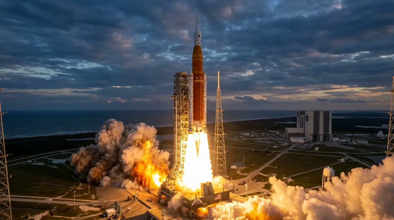 The NASA Space Launch System rocket lifting off from the launch pad with a massive fiery exhaust plume.