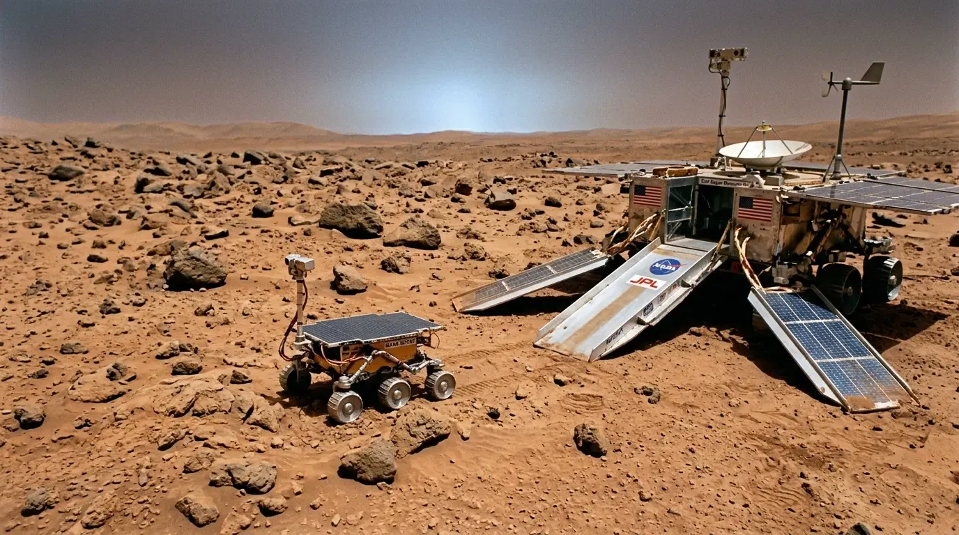 Sojourner rover on the Martian surface near Pathfinder
