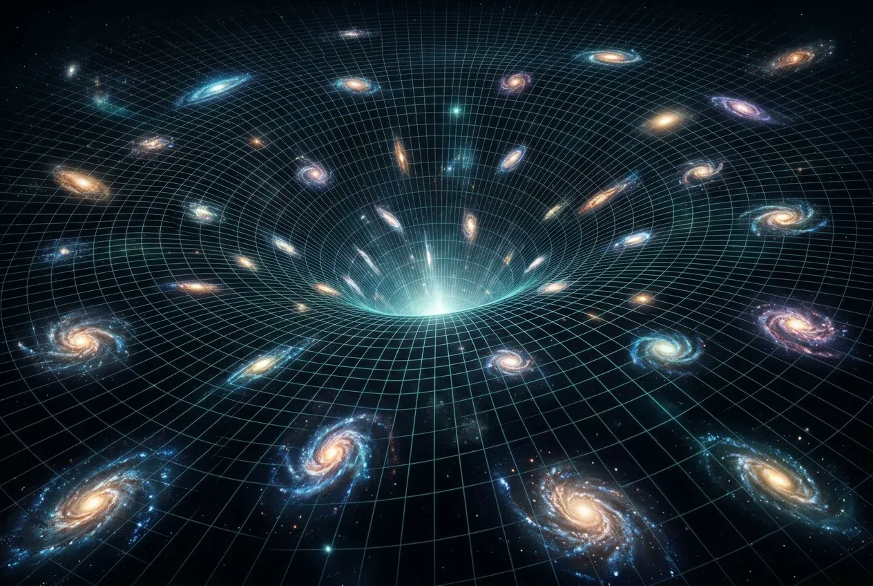 Abstract illustration of spacetime stretching and carrying galaxies apart