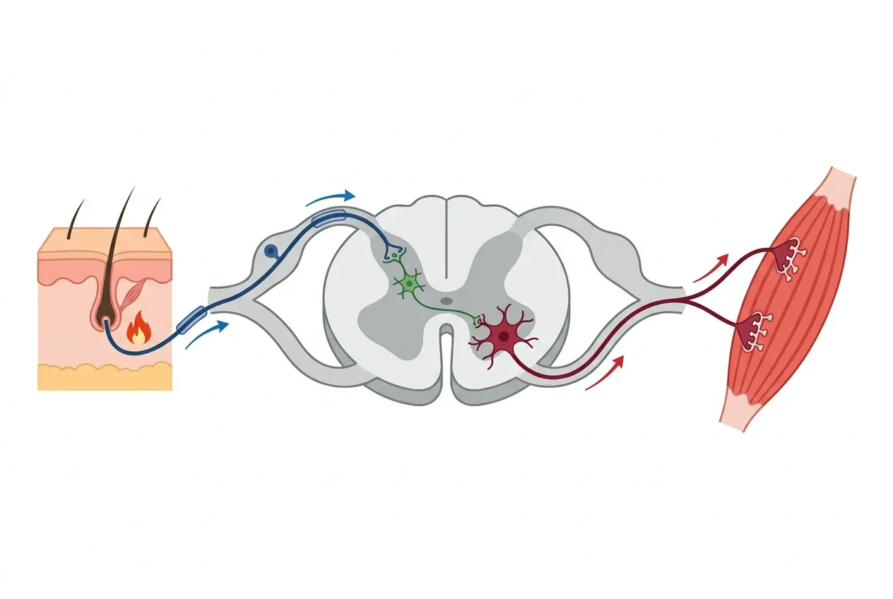 Diagram of a spinal reflex arc showing the path from skin to spinal cord to muscle