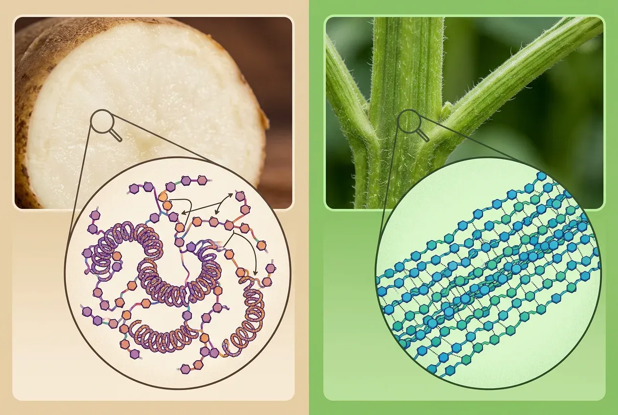 Split image comparing the branched molecular structure of starch to the rigid parallel structure of cellulose