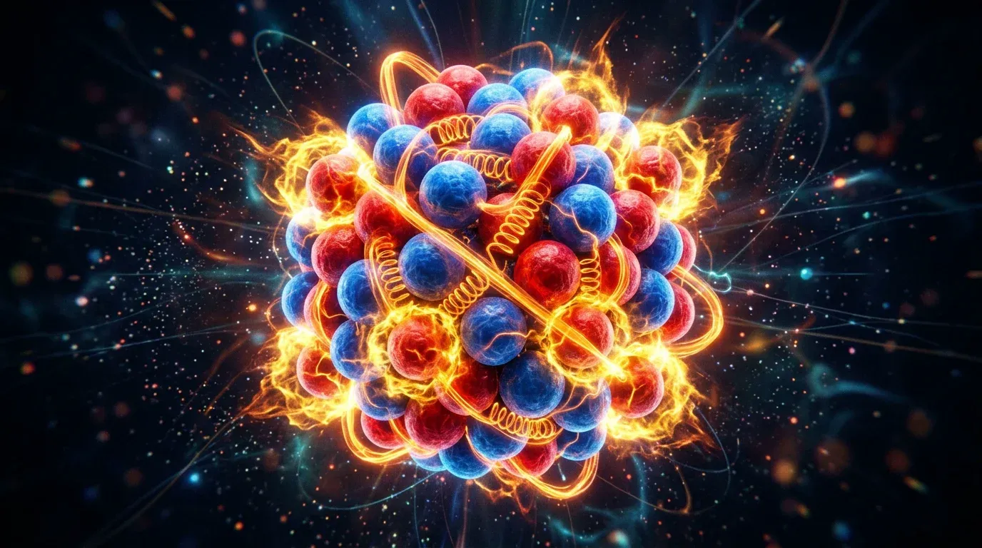 A glowing atomic nucleus showing protons and neutrons tightly bound together by the strong nuclear force.