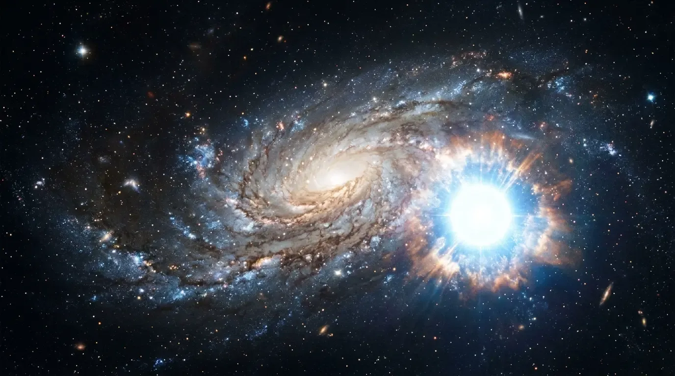 A bright Type Ia supernova exploding on the edge of a distant spiral galaxy.