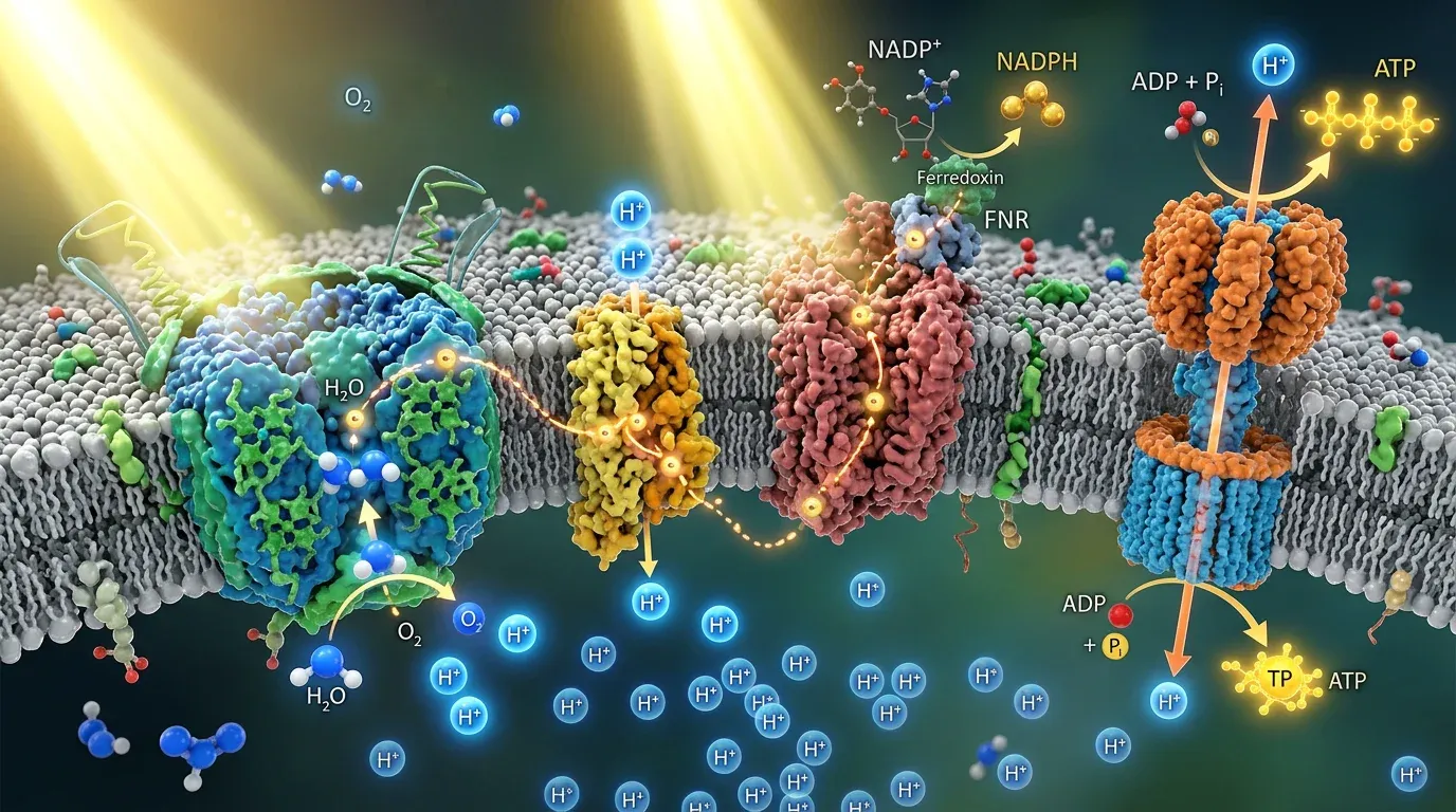 3D illustration of the thylakoid membrane showing photosystems and electron transport chain