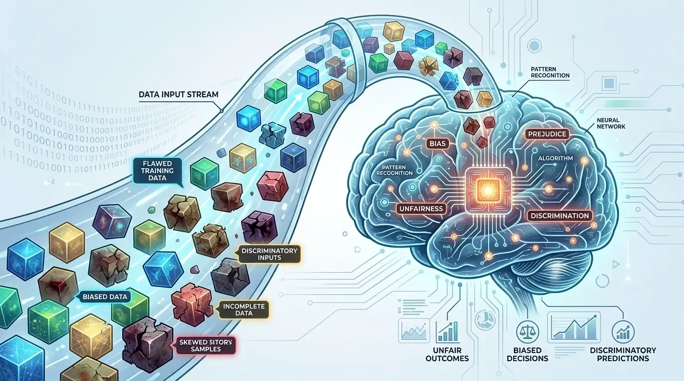 Conceptual illustration showing biased data cubes feeding into an AI system