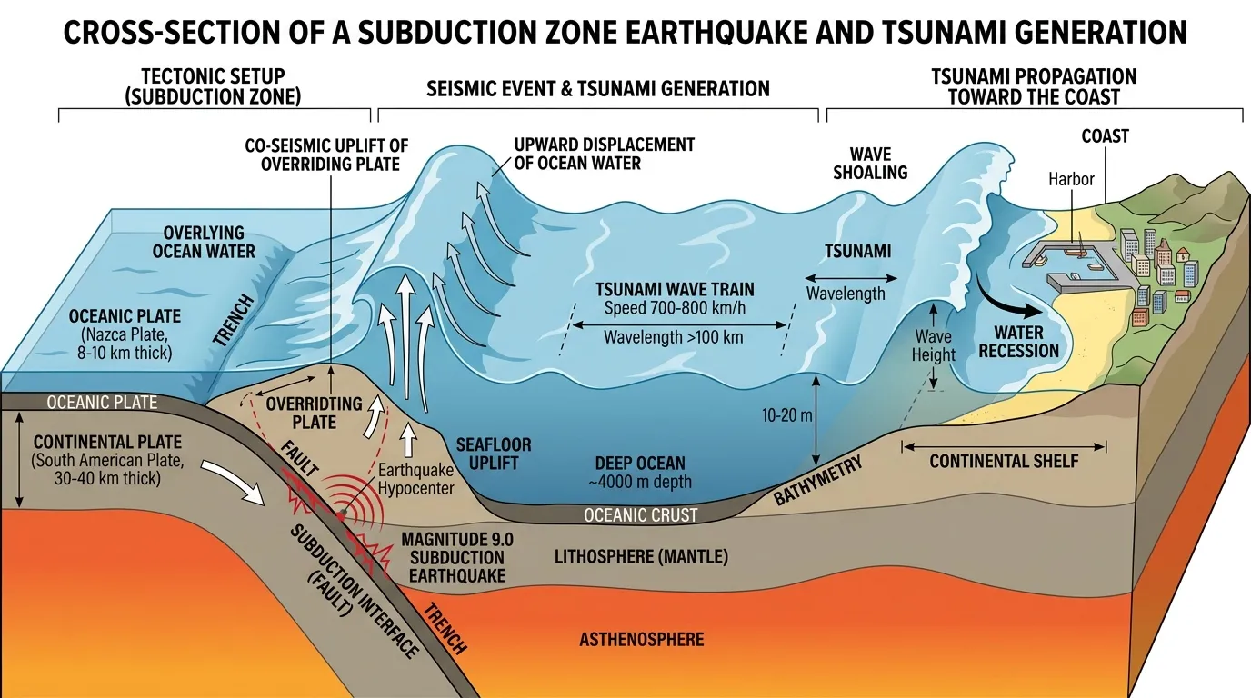 Cross-section diagram of a submarine earthquake generating a tsunami