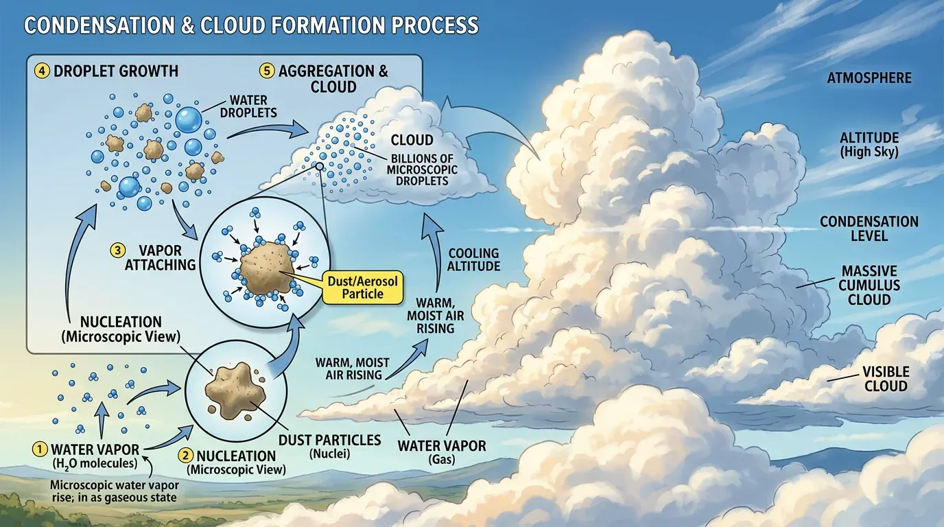 Water vapor forming around dust particles to create cumulus clouds