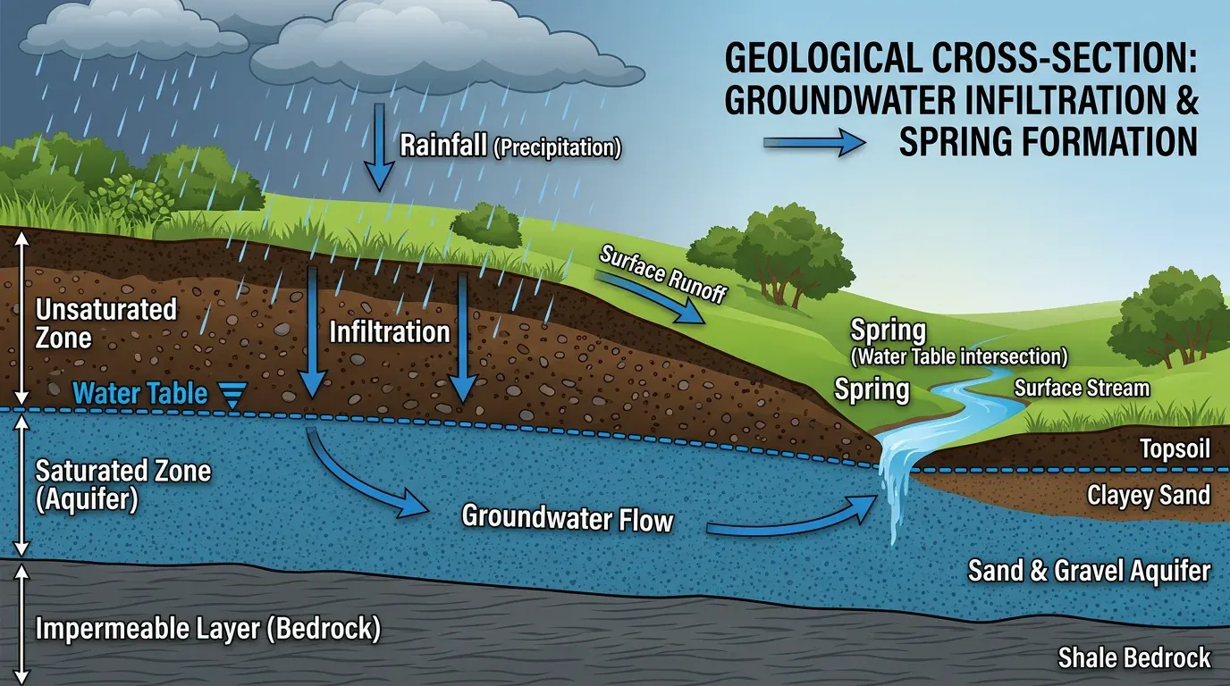 Cross-section showing rain infiltrating through soil layers into a groundwater aquifer, with a spring emerging at a hillside