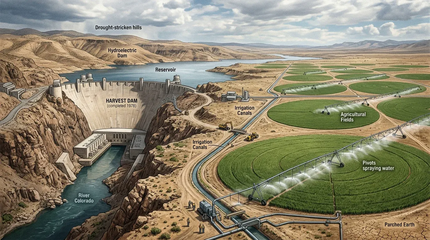 A massive dam and agricultural irrigation pivots spraying water