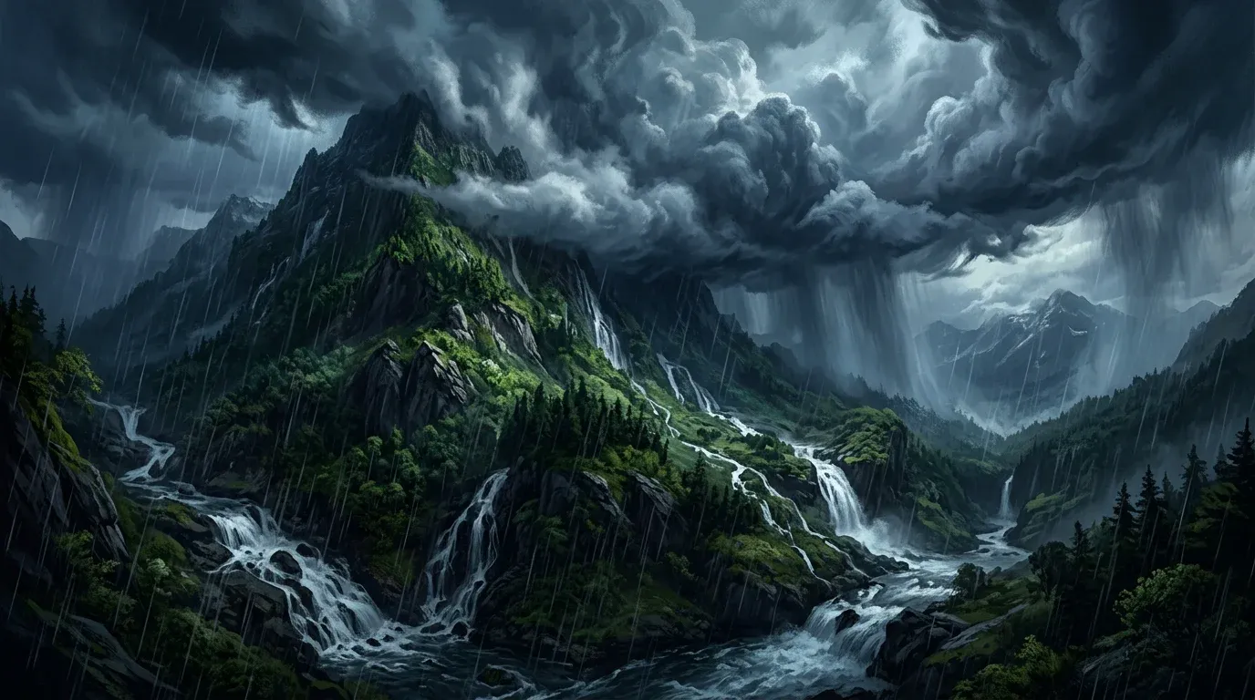 Heavy rain pouring from dark clouds over a mountain landscape