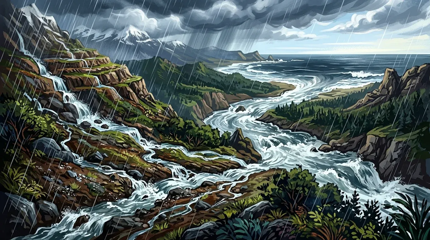 Surface runoff rushing into a fast-flowing river