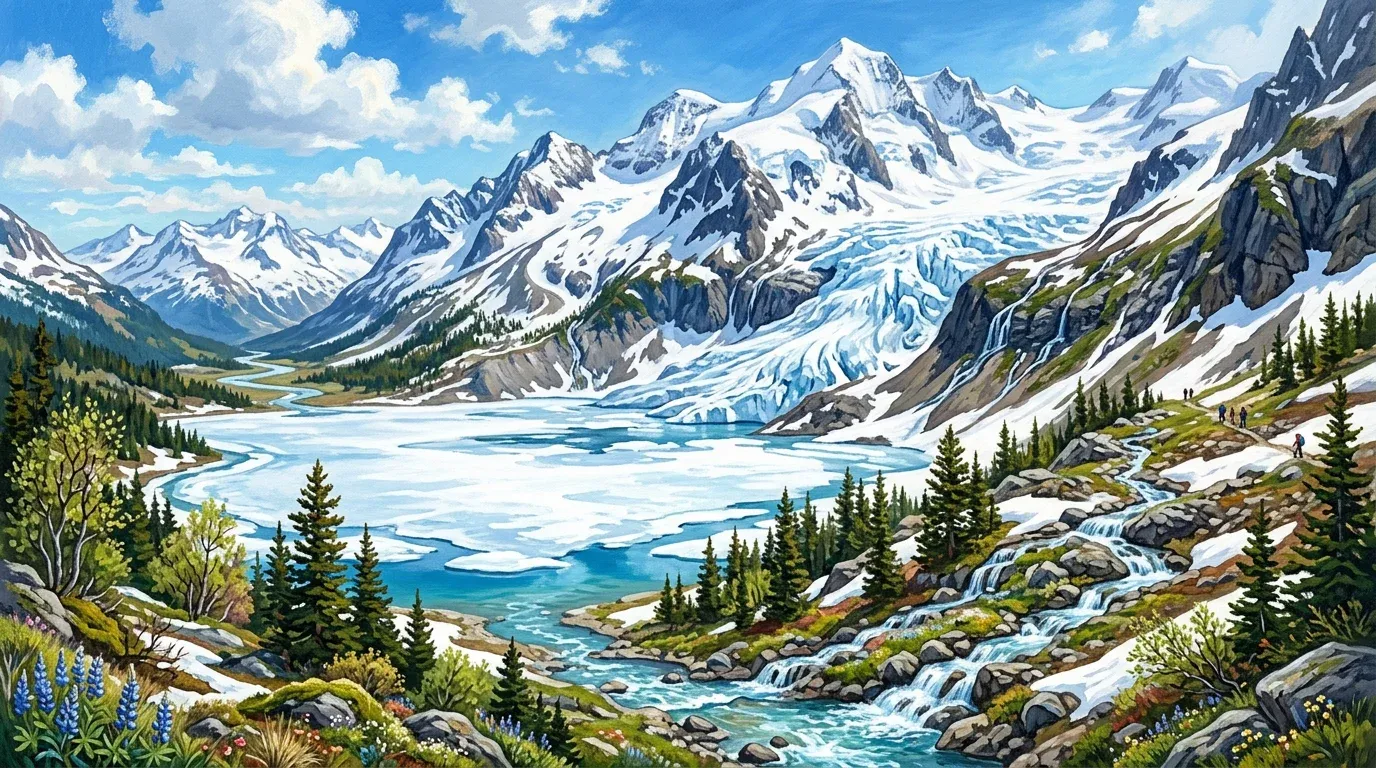 Mountain peaks covered in deep winter snowpack and a massive glacier