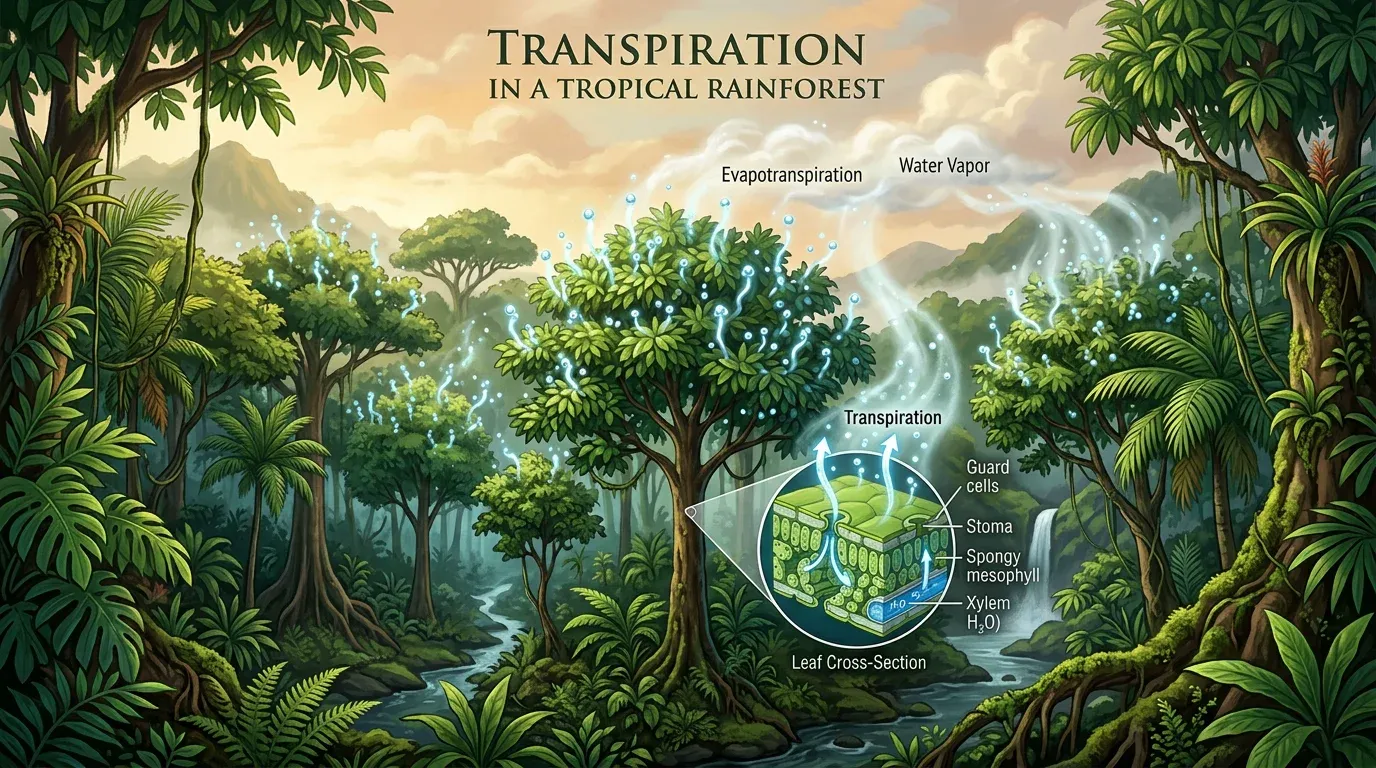 Water vapour rising from a dense forest canopy