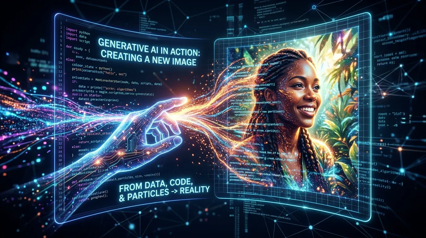 A conceptual visualization showing generative AI creating a brand new image from glowing digital particles and code.